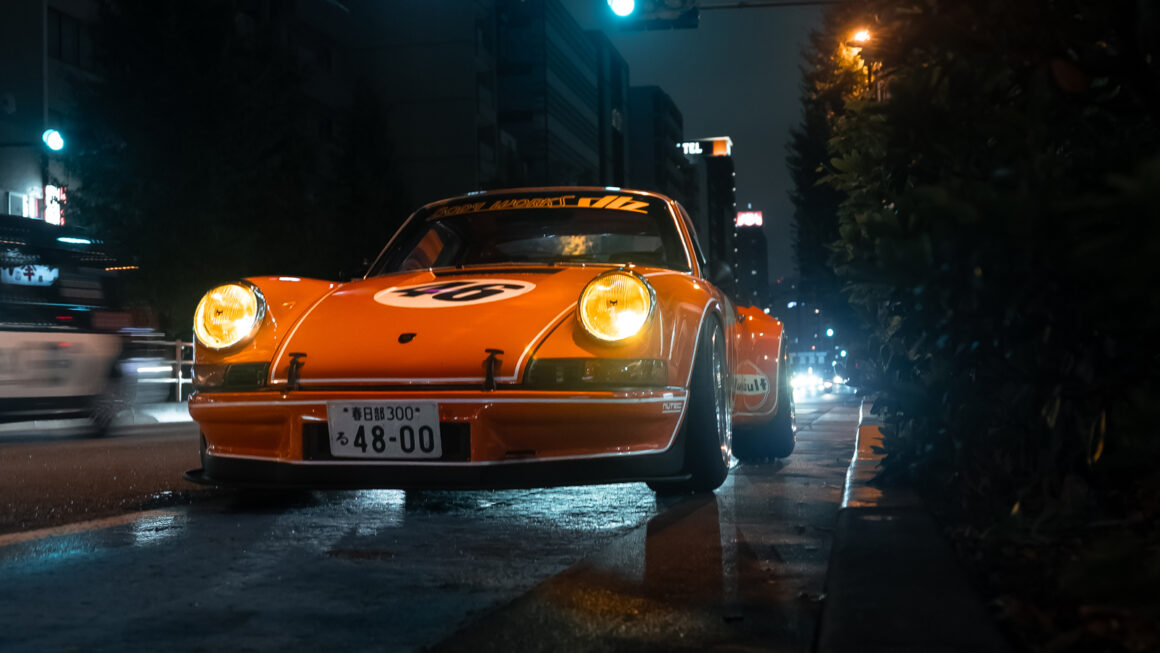 1970 Porsche 911S front end with headlights on